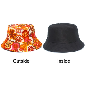 Detail showing reversible bucket hat with floral pattern and solid black interior design