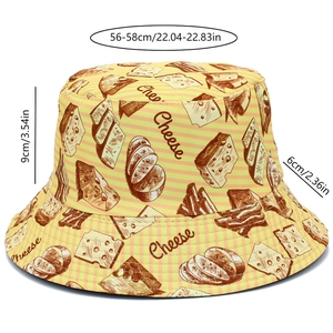 Detail view of yellow cheese pattern bucket hat with specific dimensions 56-58cm head size