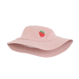 Detail of strawberry embroidery on pink cotton bucket hat with reinforced stitching