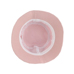 Detail view of pink bucket hat interior featuring white sweatband and reinforced stitching