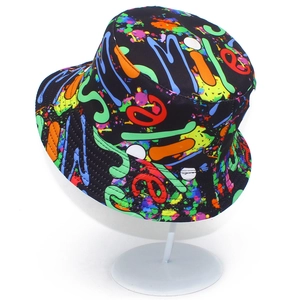 Streetwear bucket hat with colorful graffiti prints and Smile lettering on black base