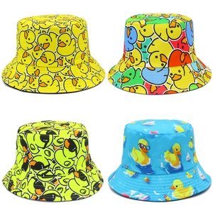 Cartoon Yellow Duck Printed Bucket Hat For Men Women Double Sided Cotton Canvas Sun Shade Outdoor Summer Fisherman Hat