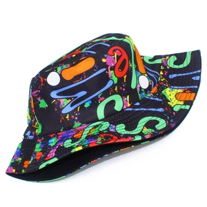 Close-up of vibrant graffiti bucket hat with detailed stitching on black fabric