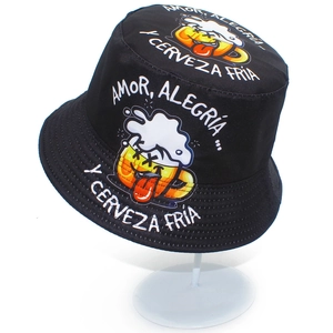 Sombrero de pescador negro unisex con estampado de jarra de cerveza y texto en español