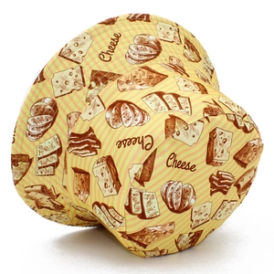 Reversible bucket hat with yellow stripes and cartoon cheese bread prints for sun protection