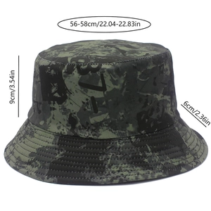 Detail view of camouflage bucket hat with size specs: 56-58cm head girth and 9cm height
