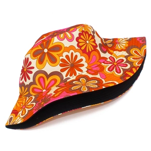 Retro 70s floral bucket hat with colorful orange and pink pop art patterns
