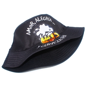 Sombrero de pescador unisex en lona negra con dibujo de cerveza y texto en español