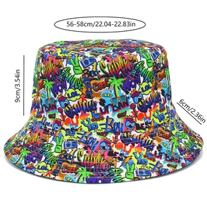 Detailed view of graffiti bucket hat with size chart for 56-58cm head circumference