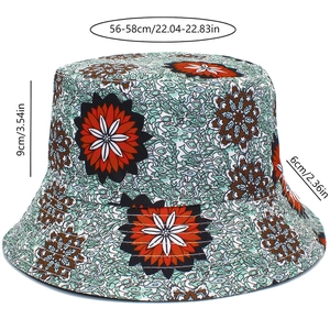 Detail showing bucket hat measurements 56-58cm head circumference with floral pattern
