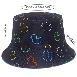 Detail view of the black bucket hat showing sizing specs and colorful duck patterns
