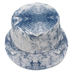 Detail of blue and white geometric tie-dye bucket hat with reinforced brim stitching