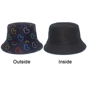 Detailed comparison of the reversible bucket hat showing colorful duck prints and plain black