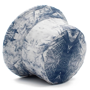 Detail view of double-sided cotton bucket hat with blue and white marble pattern stitching