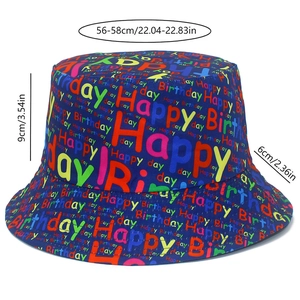 Detail view of colorful Happy Birthday printed bucket hat with 56-58cm size dimensions