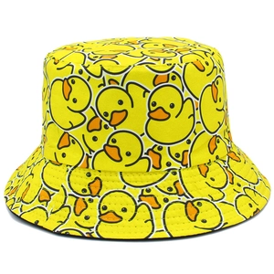 Detailed view of reinforced stitching and cartoon duck print on yellow cotton bucket hat