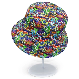 Colorful graffiti bucket hat with retro cartoon prints for outdoor sun protection