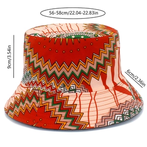 Detailed size chart for ethnic print bucket hat with precise height and brim measurements