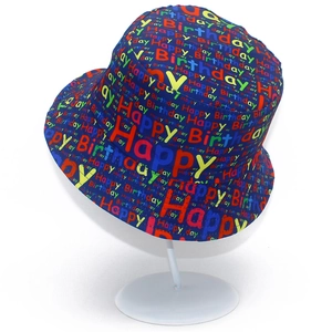 Dark blue Happy Birthday printed bucket hat with colorful all-over party text design