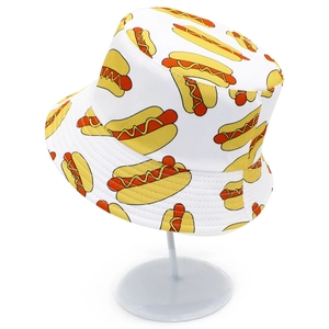 Reversible bucket hat with cartoon hot dog pattern for outdoor sun protection
