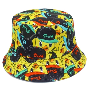 Bright yellow double-sided bucket hat with street style cartoon duck prints