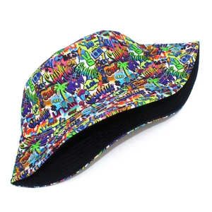 Detail shot of the street style bucket hat with colorful graffiti prints and black lining