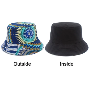 Detailed view of reversible bucket hat showing ethnic tribal pattern and black cotton side