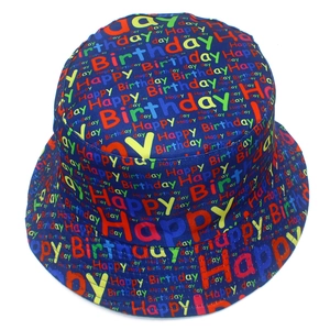 Dark blue Happy Birthday bucket hat with colorful print for parties and sun protection