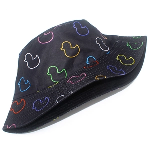 Black bucket hat with colorful duck outlines, stylish sun protection headwear for adults