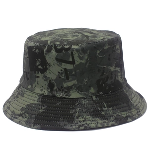 Reversible dark green camouflage bucket hat with 37- numeric print and wide brim