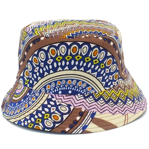 Ethnic bohemian print bucket hat with colorful geometric patterns for sun protection