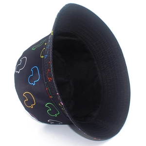 Detailed interior view of a black bucket hat with colorful embroidered duck patterns