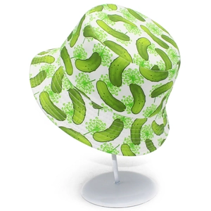 Reversible bucket hat with cucumber and dill print on a white canvas for sun protection