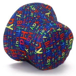 Detail of blue bucket hat with colorful Happy Birthday letter prints for party