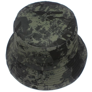 Macro detail of camouflage fisherman hat brim featuring reinforced parallel stitching lines
