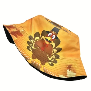 Chapeau bob orange vif de Thanksgiving avec dinde de dessin animé et feuilles d'érable