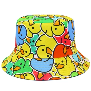 Reversible bucket hat with vibrant cartoon duck patterns and outdoor sun protection