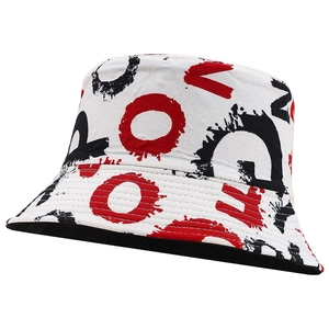 Stylish white bucket hat with red and black graffiti print for outdoor sun protection