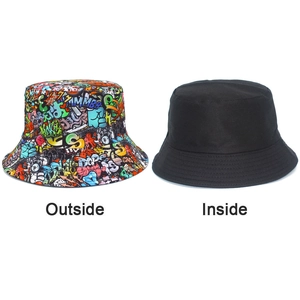 Close-up of reversible bucket hat showing graffiti print and plain black side