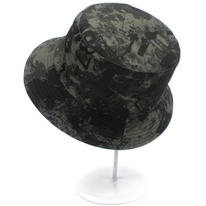 Unisex camouflage bucket hat with dark graffiti pattern and 137 print on canvas fabric