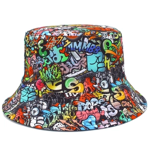 Graffiti Reversible Bucket Hat Cotton Streetwear Hip Hop Double Sided Sun Protection Outdoor Fishing Cap Women Men Headwear