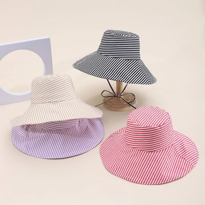 Detail showing four colors of wide brim sun hats with striped patterns and windproof ropes