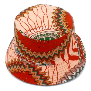 Close-up of African ethnic geometric wax print pattern on a durable canvas bucket hat