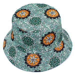 Detailed view of the vibrant floral mandala pattern on a cotton bucket hat