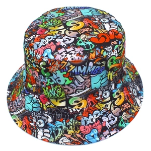 Detailed close-up of graffiti print bucket hat with colorful DOPE and SUMMER art patterns