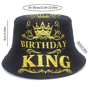 Detailed dimensions of black Birthday King bucket hat with gold crown and 56-58cm brim size