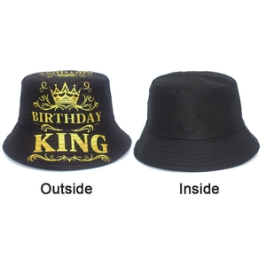 Detail view of Birthday King bucket hat showing printed exterior and plain interior lining