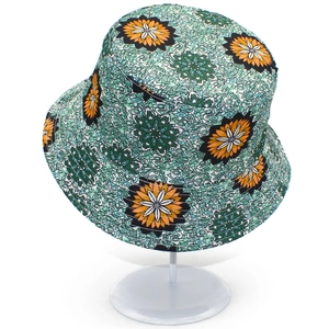 Detailed view of floral bucket hat with vibrant bohemian mandala patterns and stiff canvas