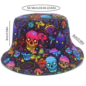 Detailed size chart of bucket hat with neon skull and mushroom prints on black canvas