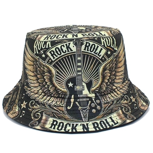 Cappello da Pescatore Reversibile con Stampa Rock N Roll in Cotone Motivo Chitarra Elettrica Cappello da Sole per Uomo Donna Moda Streetwear